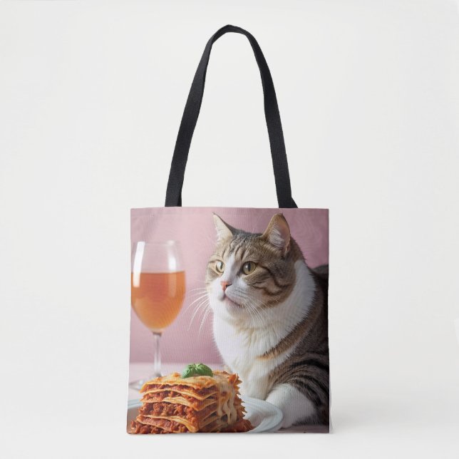 Cute Grått Cat med Lasagna och Vin glas Tygkasse (Framsida)