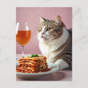 Cute Grått Cat med Lasagna och Vin glas Vykort