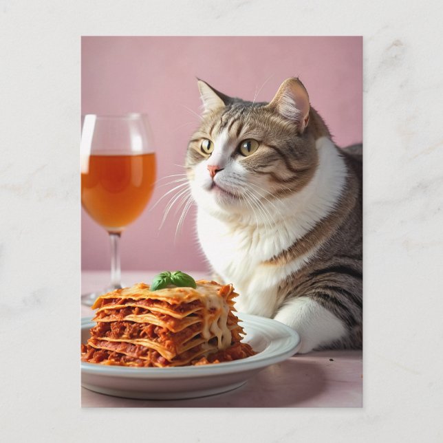 Cute Grått Cat med Lasagna och Vin glas Vykort (Framsida)