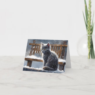 Cute Grått Cat på Bench i Snö Blank Hälsning Kort