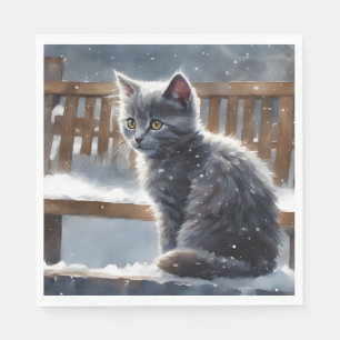 Cute Grått Cat på en bench i Snö Pappersservett