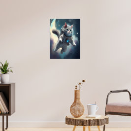Cute Grått Cat som flyger i rymden Poster