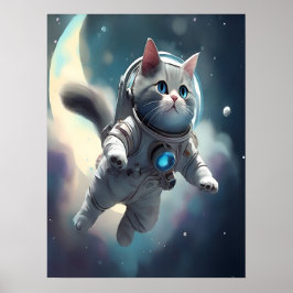 Cute Grått Cat som flyger i rymden Poster