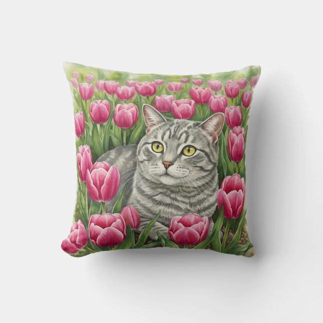 Cute Grått Cat Tulips Vår Pillow Kudde (Framsida)
