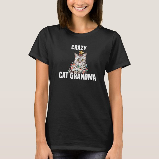 Cute grått cat with fairy ljus Crazy Cat Grandma T Shirt (Framsida)