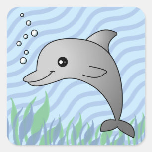 Cute Grått Dolphin in Blue Vatten Fyrkantigt Klistermärke