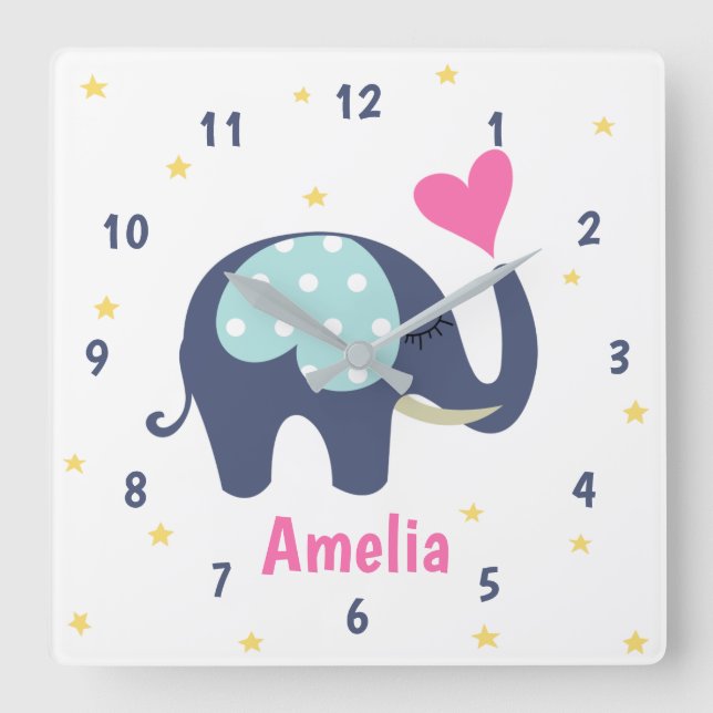 Cute Grått Elephant och Rosa Heart Personlig Fyrkantig Klocka (Framsida)