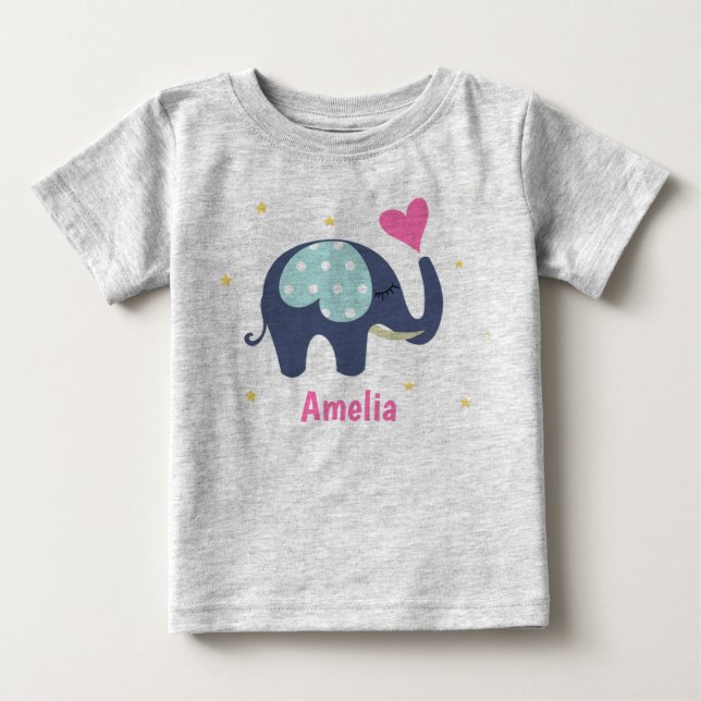Cute Grått Elephant och Rosa Heart Personlig T Shirt (Framsida)