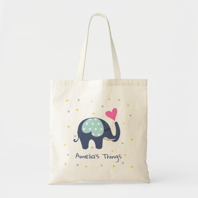 Cute Grått Elephant och Rosa Heart Personlig Tygkasse (Framsidan)