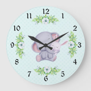 Cute Grått Elephant och White Bunny Rabbit Stor Klocka