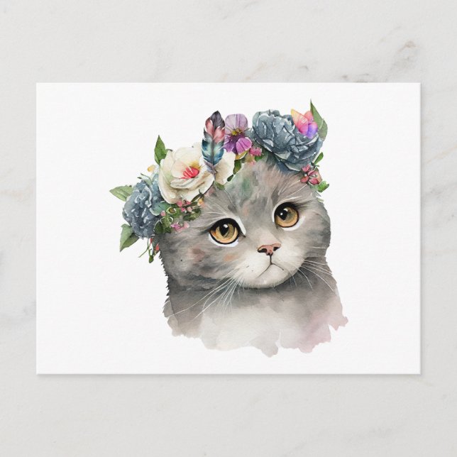 Cute Grått Färg Cat med blommor Cat Lover Vykort (Framsida)