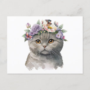 Cute Grått Färg Cat med blommor och fjärilar Vykort