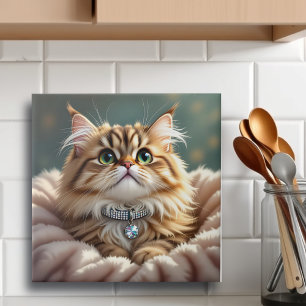 Cute Grått Fluffy Tabby katt med Diamond Collar Kakelplatta