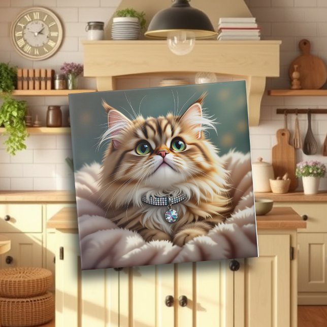 Cute Grått Fluffy Tabby katt med Diamond Collar Kakelplatta (Skapare uppladdad)
