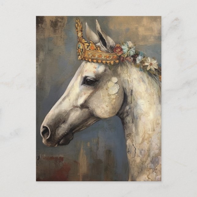 Cute Grått Horse i Krona och Flowers Vykort (Framsida)