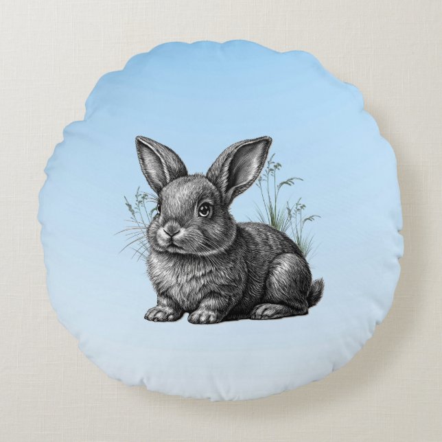 Cute Grått-kanin mot Blå himmel Rund Kudde (Framsidan)