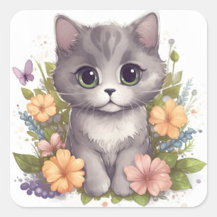 Cute Grått Kattunge med Flowers Chibi Kawaii Fyrkantigt Klistermärke