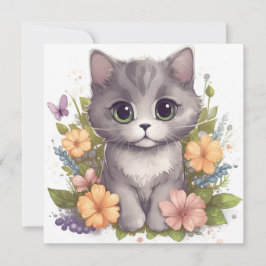 Cute Grått Kattunge med Flowers Kawaii Chibi
