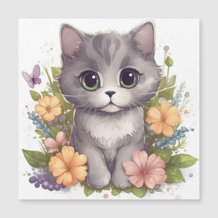 Cute Grått Kattunge med Flowers Kawaii Chibi