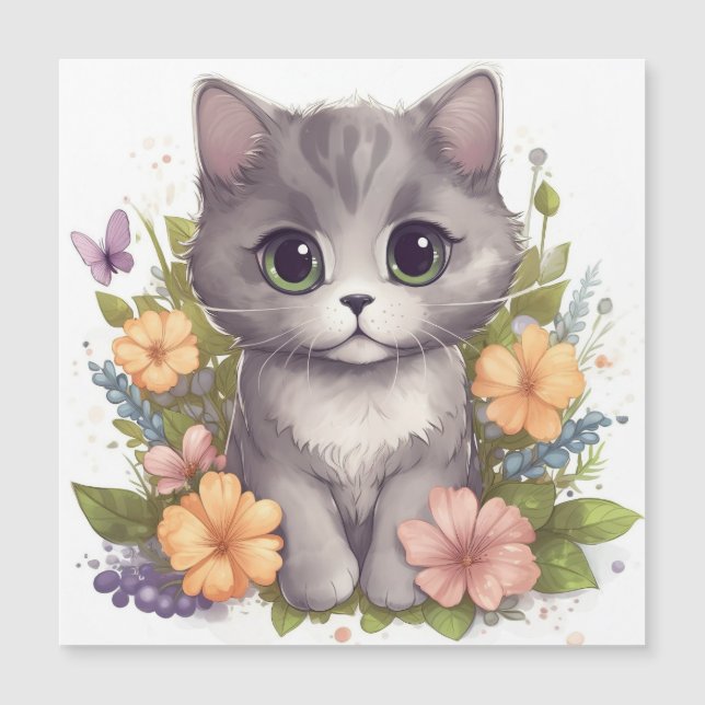 Cute Grått Kattunge med Flowers Kawaii Chibi (Framsida)