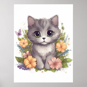 Cute Grått Kattunge med Flowers Kawaii Chibi Poster