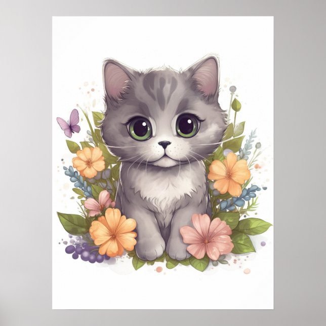 Cute Grått Kattunge med Flowers Kawaii Chibi Poster (Framsidan)