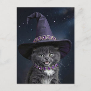 Cute Grått Kitten Cat med Witch Hat Halloween Helg Vykort