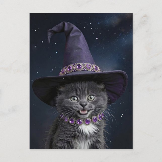 Cute Grått Kitten Cat med Witch Hat Halloween Helg Vykort (Framsida)