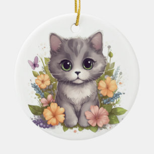Cute Grått Kitten Julgransprydnad Keramik