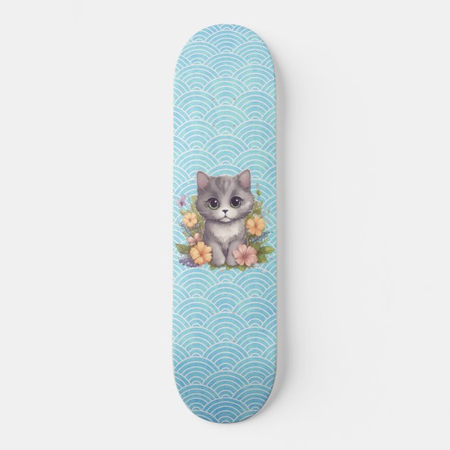 Cute Grått Kitten Kawaii Mini Skateboard Bräda 18,5 Cm (Framsida)