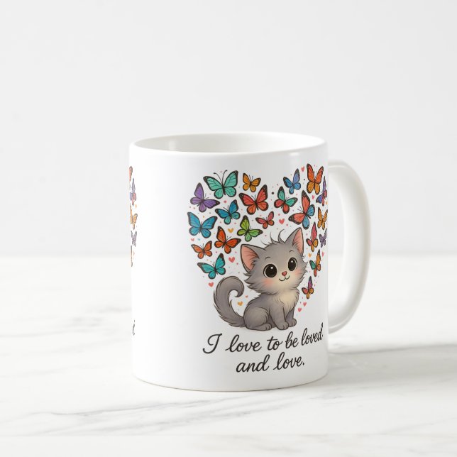 Cute Grått Kitten med färgade fjärilar Kaffemugg (Framsida höger)