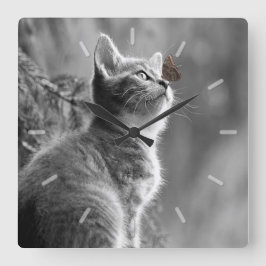 Cute Grått Kitten med fjäril på näsa Fyrkantig Klocka