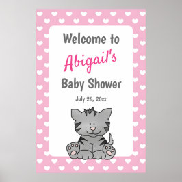 Cute Grått Kitten och Hearts Girl Baby Shower Poster