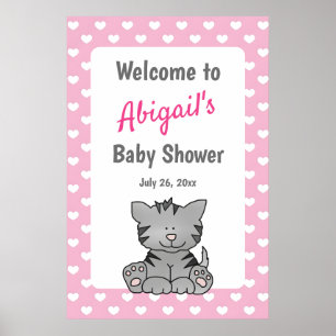 Cute Grått Kitten och Hearts Girl Baby Shower Poster