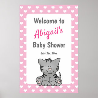 Cute Grått Kitten och Hearts Girl Baby Shower Poster