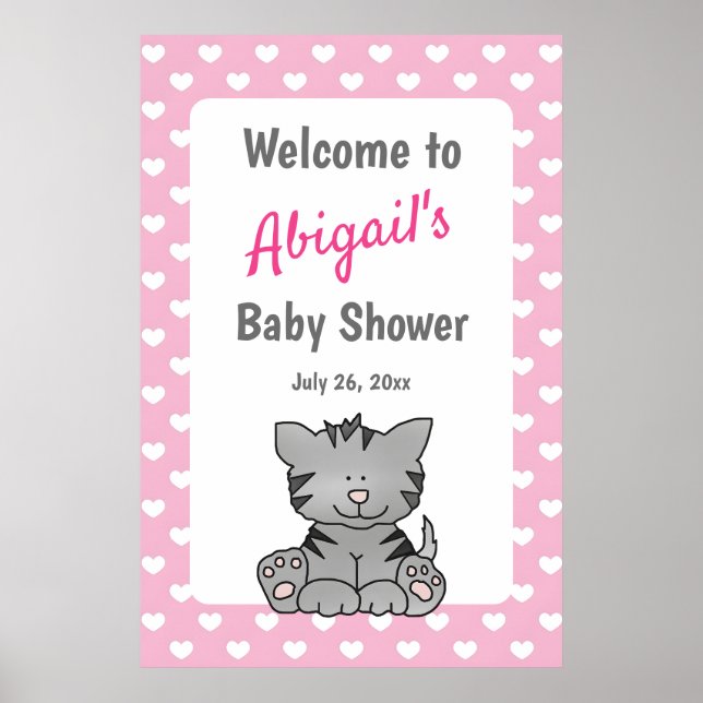 Cute Grått Kitten och Hearts Girl Baby Shower Poster (Framsidan)