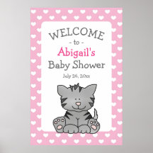 Cute Grått Kitten och Hearts Girl Baby Shower