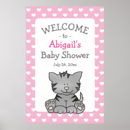 Cute Grått Kitten och Hearts Girl Baby Shower Poster