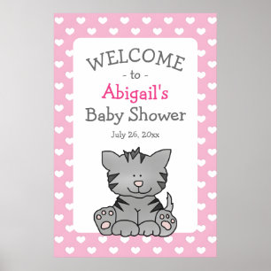 Cute Grått Kitten och Hearts Girl Baby Shower Poster