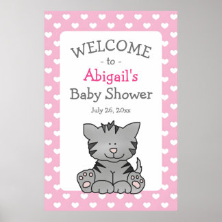 Cute Grått Kitten och Hearts Girl Baby Shower Poster