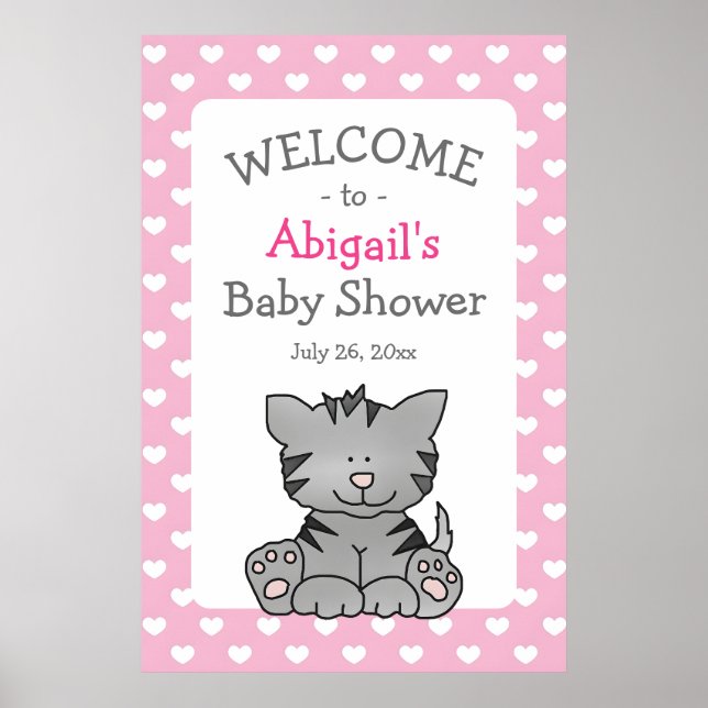 Cute Grått Kitten och Hearts Girl Baby Shower Poster (Framsidan)