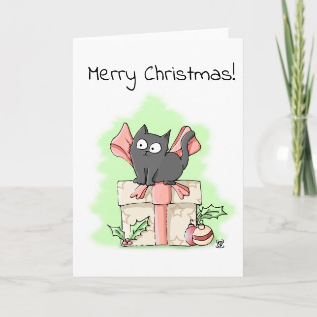 Cute Grått Kitten på en gift jul Kort (Framsida)
