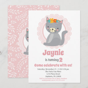 Cute Grått Kitten Rosa Girls, födelsedagsinbjudan Inbjudningar