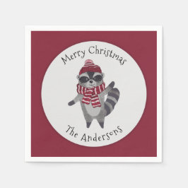 Cute Grått och Red Watercolor jul Raccoon Pappersservett