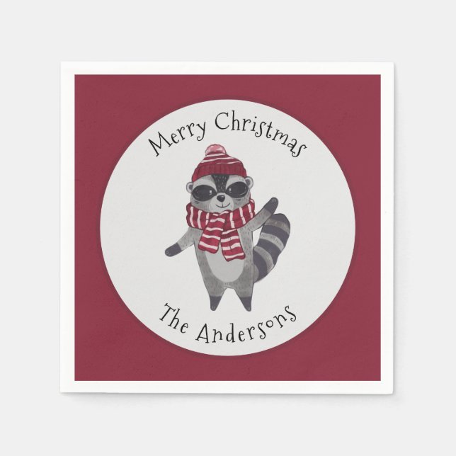Cute Grått och Red Watercolor jul Raccoon Pappersservett (Framsidan)