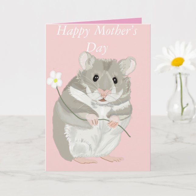 Cute Grått och White Hamster som håller en blomma Kort (Liten växt)