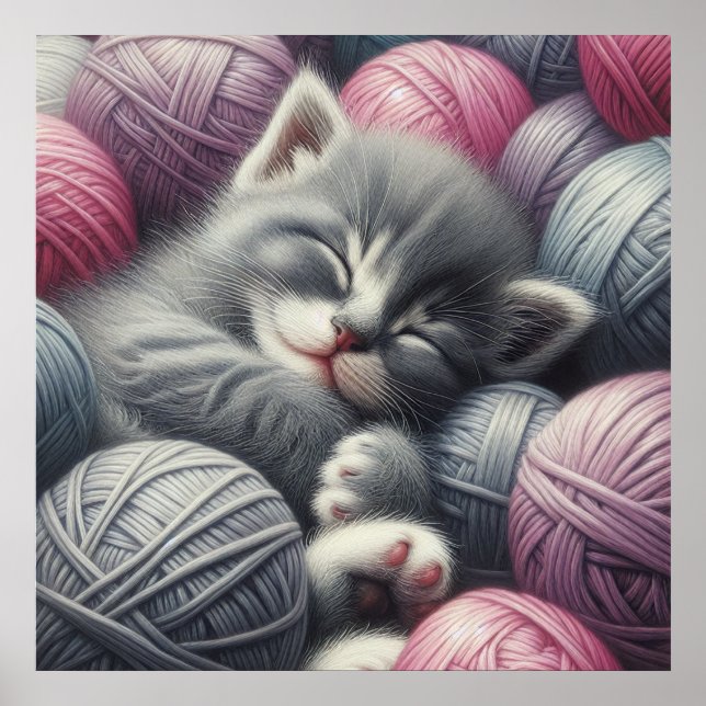 Cute Grått och White Kitten Napping in Yarn Poster (Framsidan)