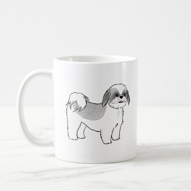 Cute Grått och White Shih Tzu Tecknad hund Kaffemugg (Vänster)