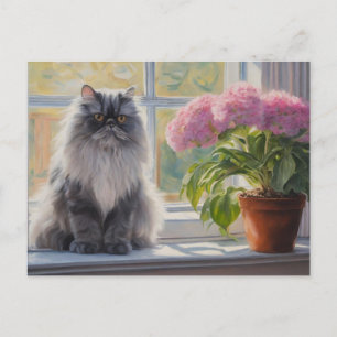 Cute Grått persian Cat with Rosa Blommar Plant Helg Vykort
