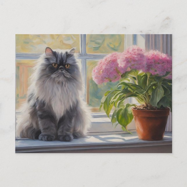 Cute Grått persian Cat with Rosa Blommar Plant Helg Vykort (Framsida)